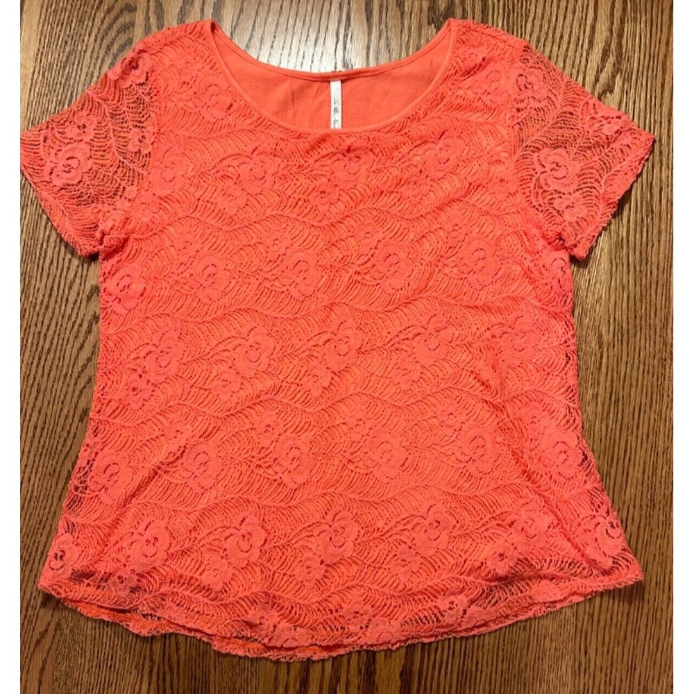 Leo & Nicole Women's Lace Blouse Top  M Coral Orange Floral Short Sleeve Boho